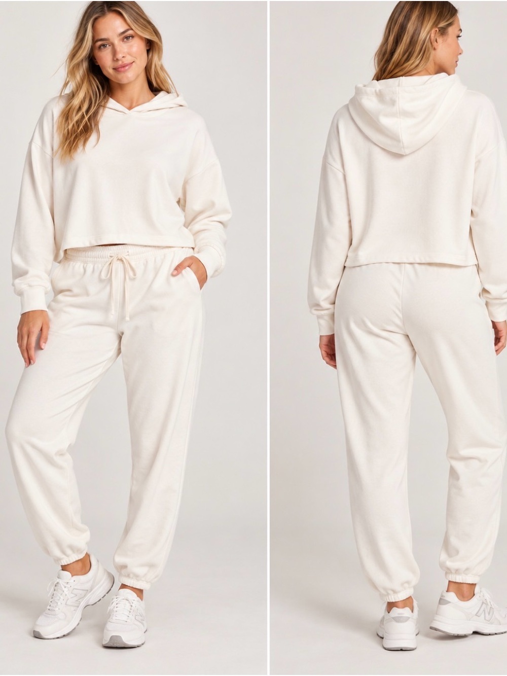Beyond Yoga NWT Ivory Cropped Hoodie Jogger 2 Piece Lounge Set Medium